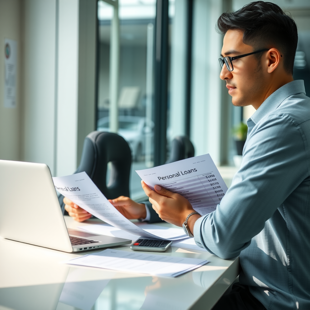 Persona profesional sentada en un escritorio moderno revisando cuidadosamente documentos de préstamo personal con una calculadora y laptop, ambiente de oficina luminoso con luz natural, expresión concentrada y confiada mientras analiza términos financieros y tasas de interés