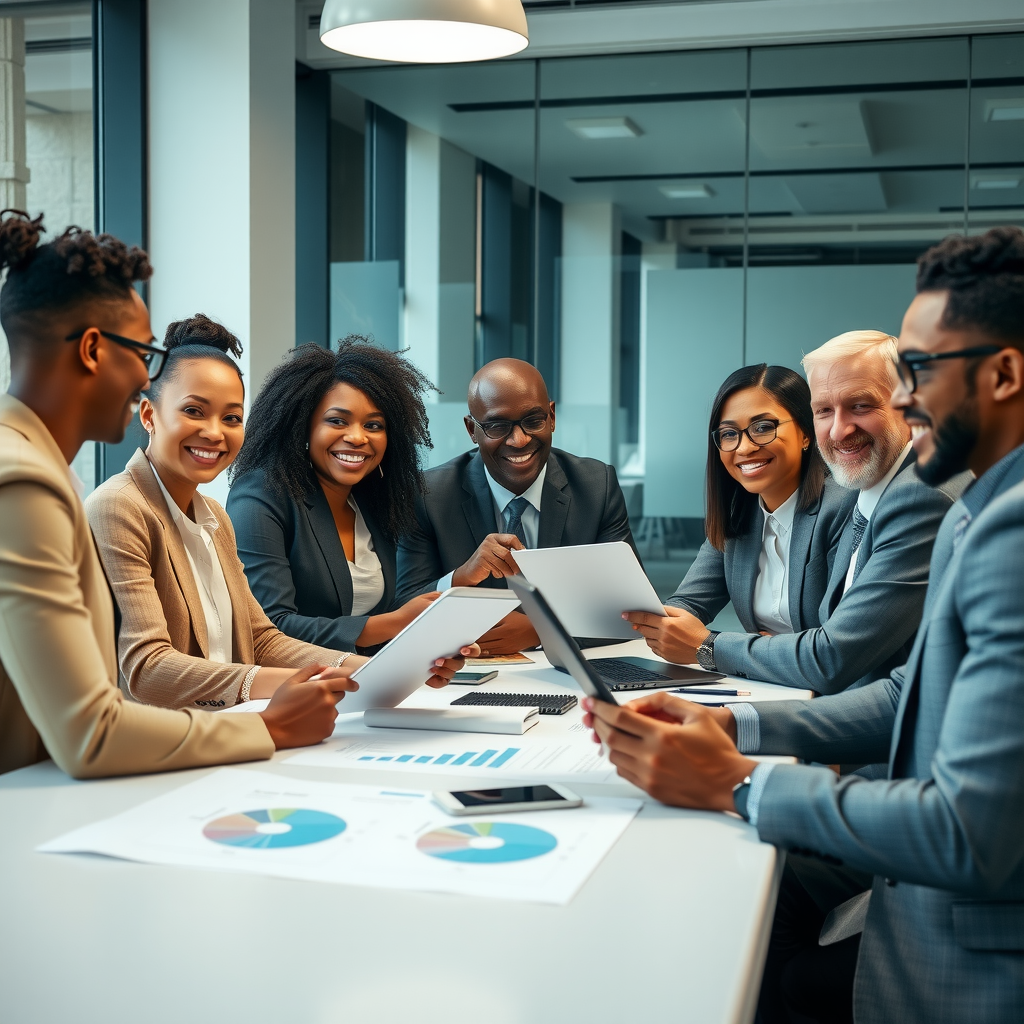Grupo de empresarios diversos en una reunión de negocios profesional, sentados alrededor de una mesa de conferencias moderna, revisando documentos financieros y gráficos de crecimiento, con laptops y tablets, ambiente de oficina contemporánea con luz natural, expresiones de confianza y colaboración