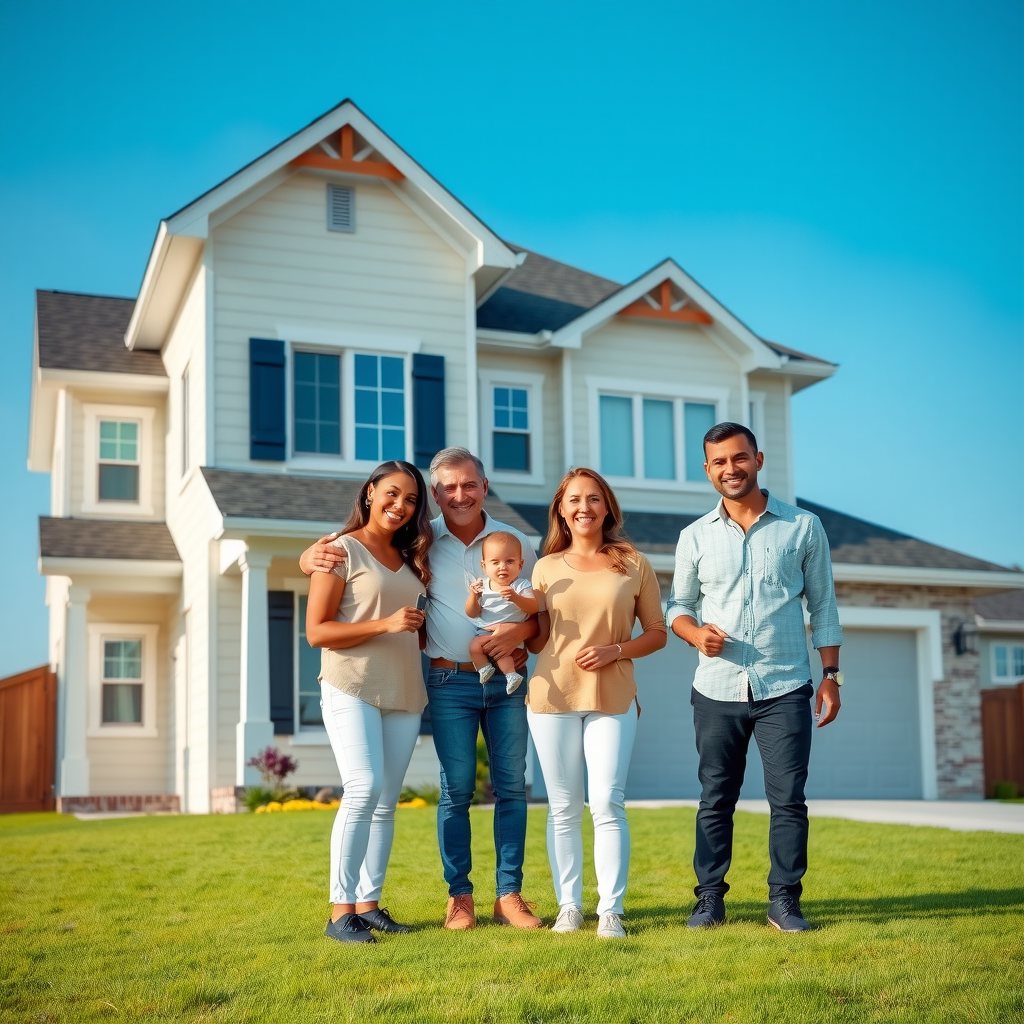 Familia sonriente de cuatro personas parada frente a su nueva casa de dos pisos con jardín verde, sosteniendo las llaves de su hogar, cielo azul de fondo, expresión de alegría y logro, estilo fotográfico realista y cálido