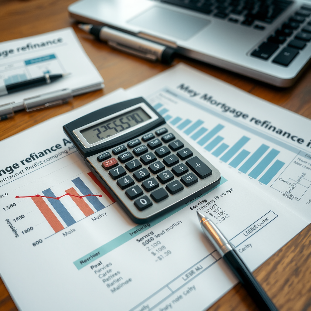 Calculadora financiera moderna sobre documentos de refinanciamiento hipotecario con gráficos de tasas de interés, mostrando análisis de costos y beneficios del refinanciamiento, con bolígrafo y papeles organizados profesionalmente sobre escritorio de madera