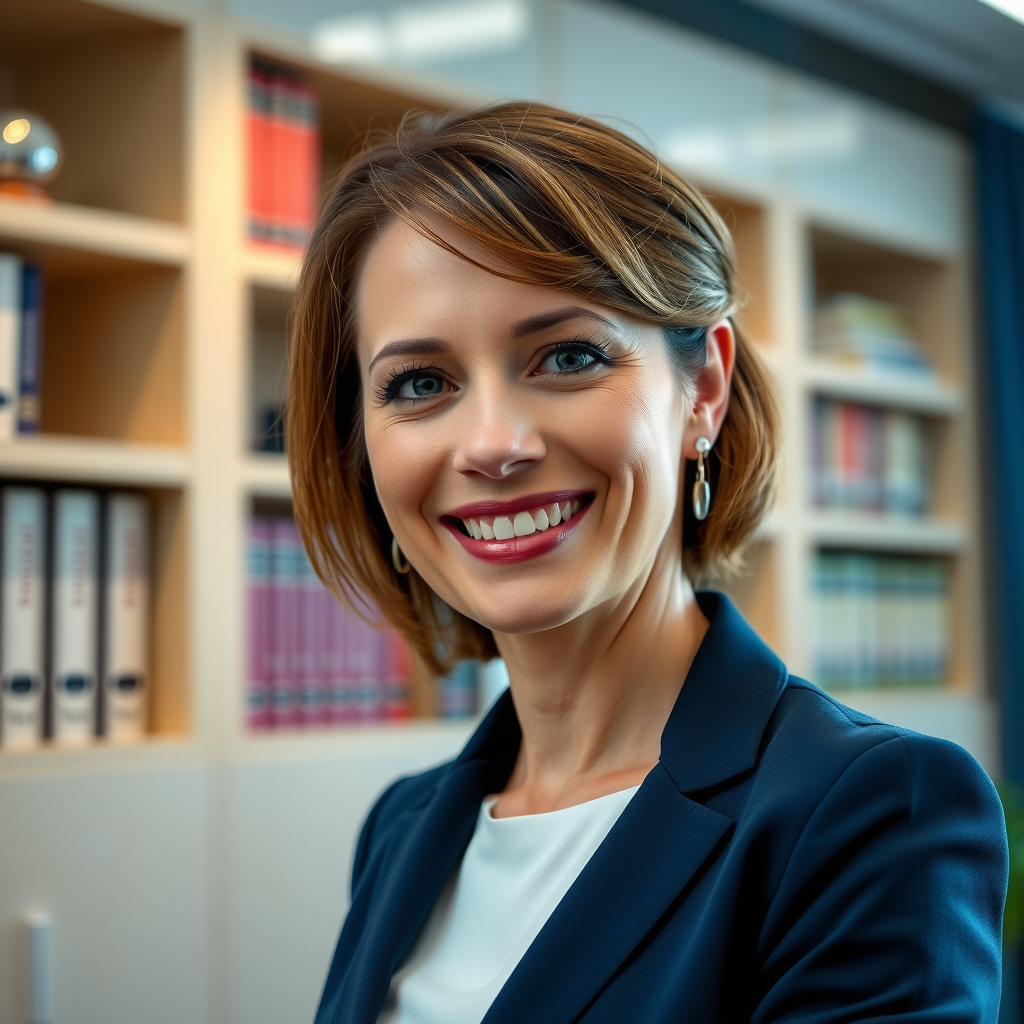 Fotografía profesional de Sarah Mitchell, asesora financiera senior, mujer profesional de aproximadamente 40 años con traje de negocios azul marino, sonrisa confiada y amigable, fondo de oficina moderna con estanterías de libros financieros, iluminación profesional de estudio
