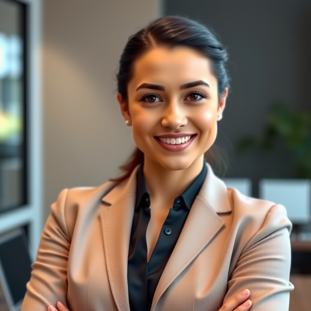 Foto profesional de Jennifer Rodriguez, Oficial de Préstamos Senior con 12 años de experiencia, vestida con traje de negocios, sonriendo con confianza en un entorno de oficina profesional con iluminación natural