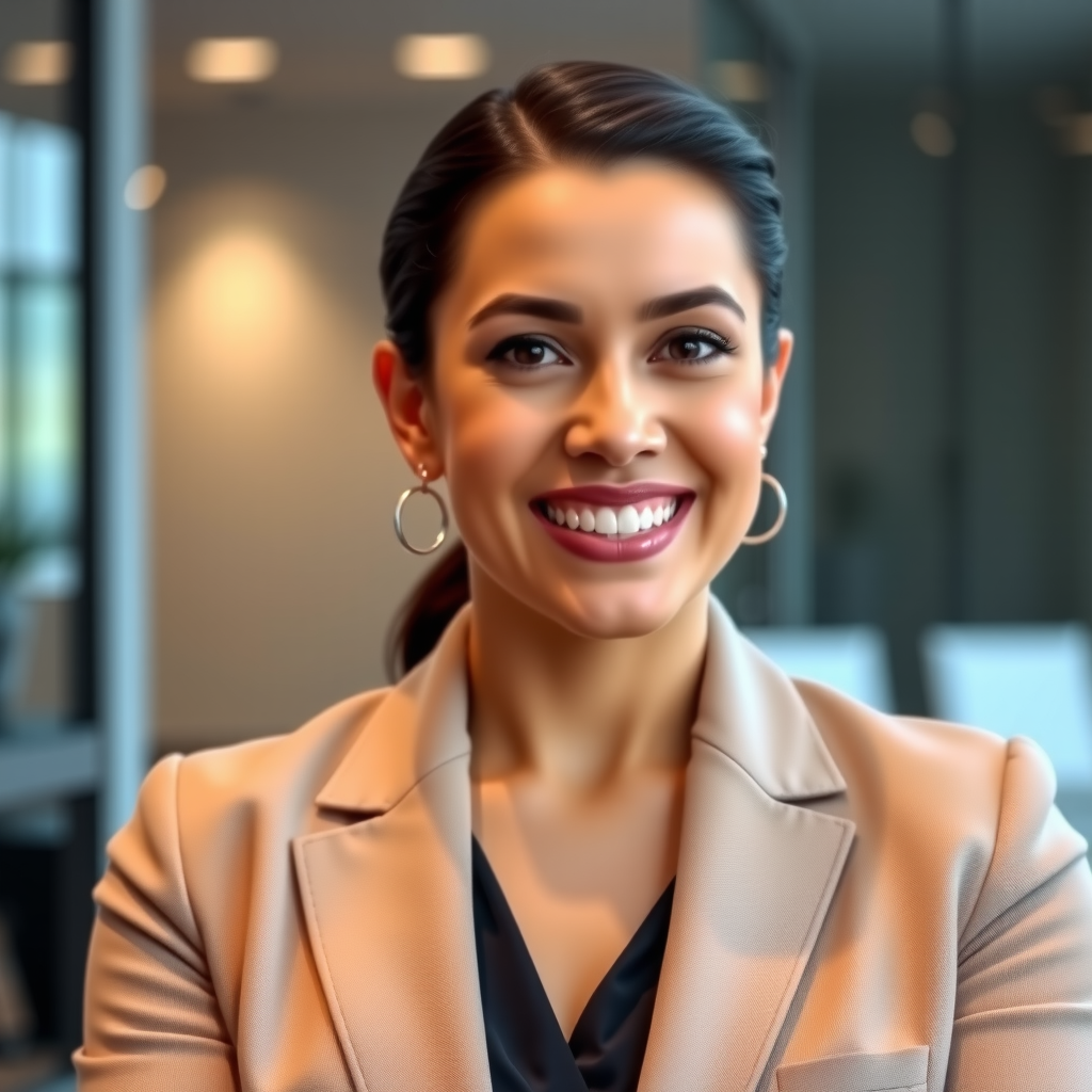Retrato profesional de Jennifer Rodriguez, NMLS #847392, Oficial de Préstamos Senior y Especialista en Estrategia de Deuda con 12 años de experiencia, sonrisa amigable y profesional, blazer corporativo, fondo de oficina moderna, iluminación natural profesional