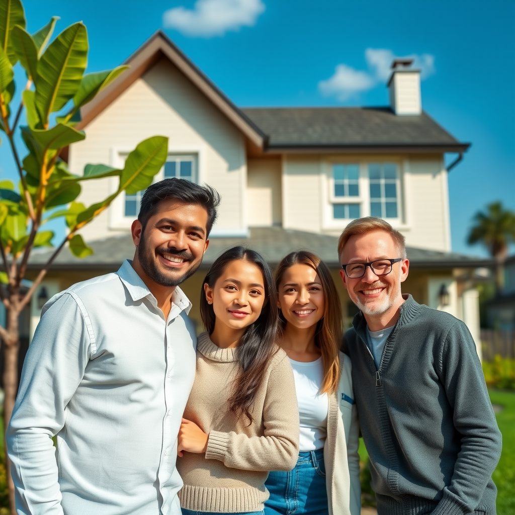 Familia feliz sonriendo frente a su nueva casa con jardín verde y cielo azul, celebrando la compra de su hogar